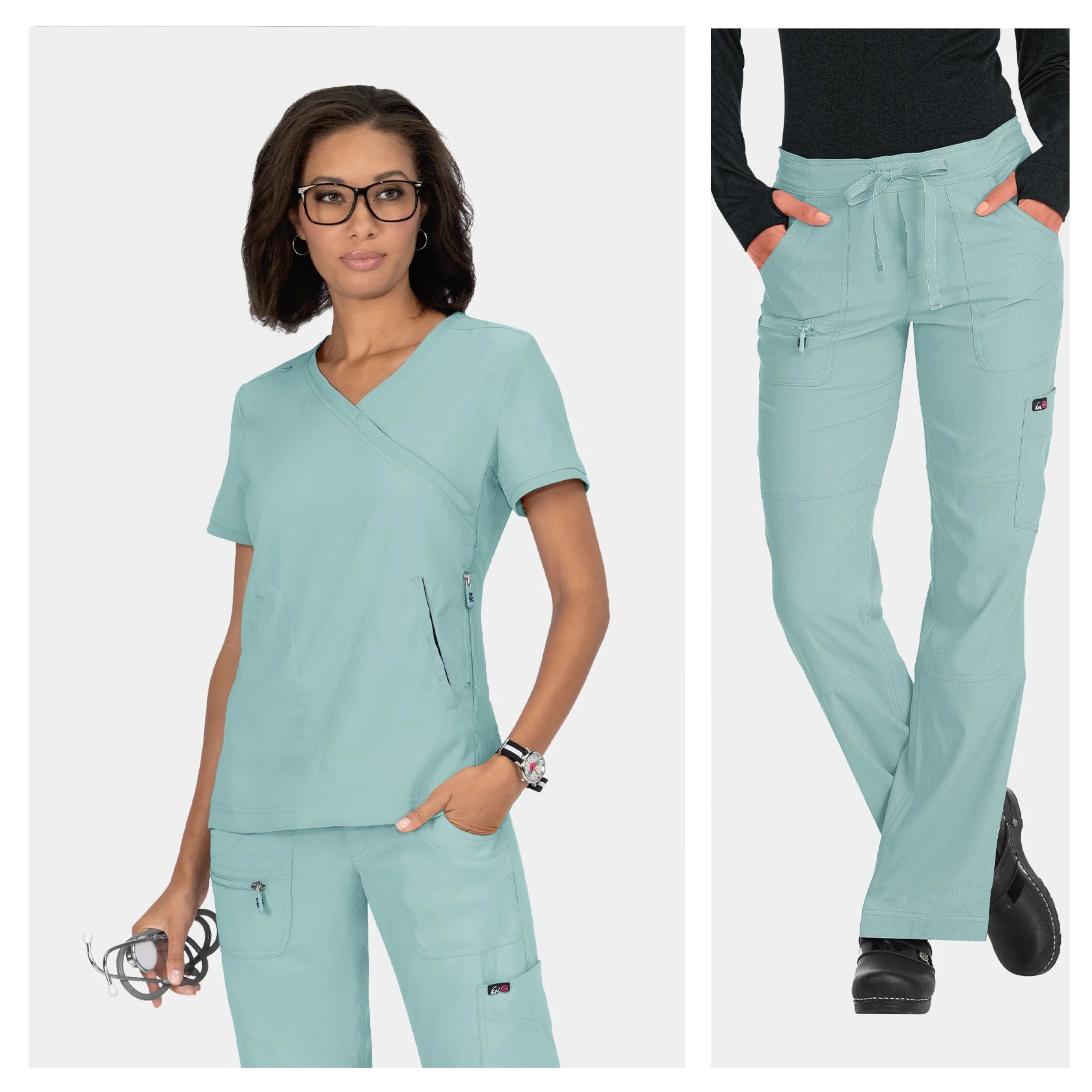 Aesthetics professional wearing a mint green scrub top and matching scrub trousers, showcasing a modern, comfortable beauty and clinic uniform.