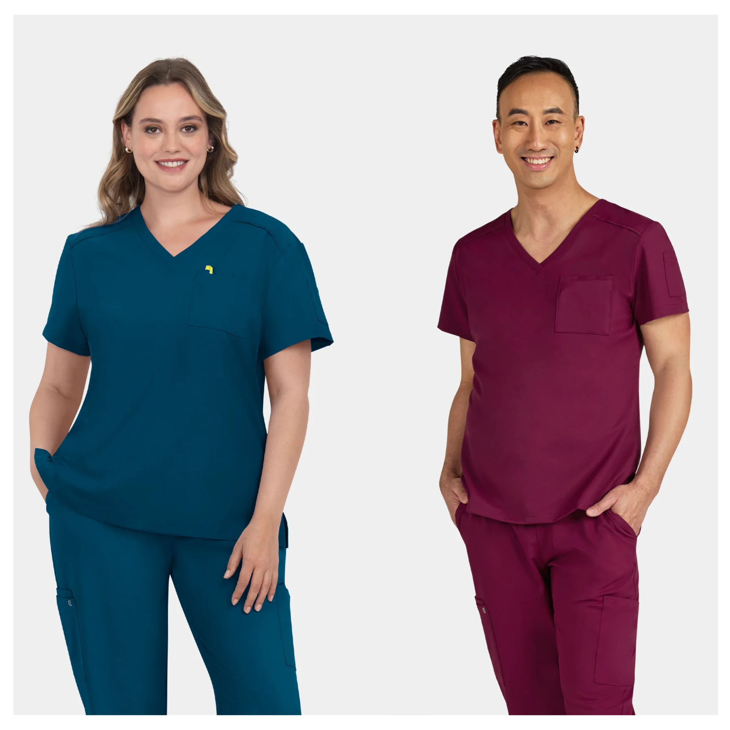 Pharmacists wearing modern medical scrubs in teal and burgundy, featuring a V-neck scrub top and matching trousers designed for comfort, movement and professional practice.