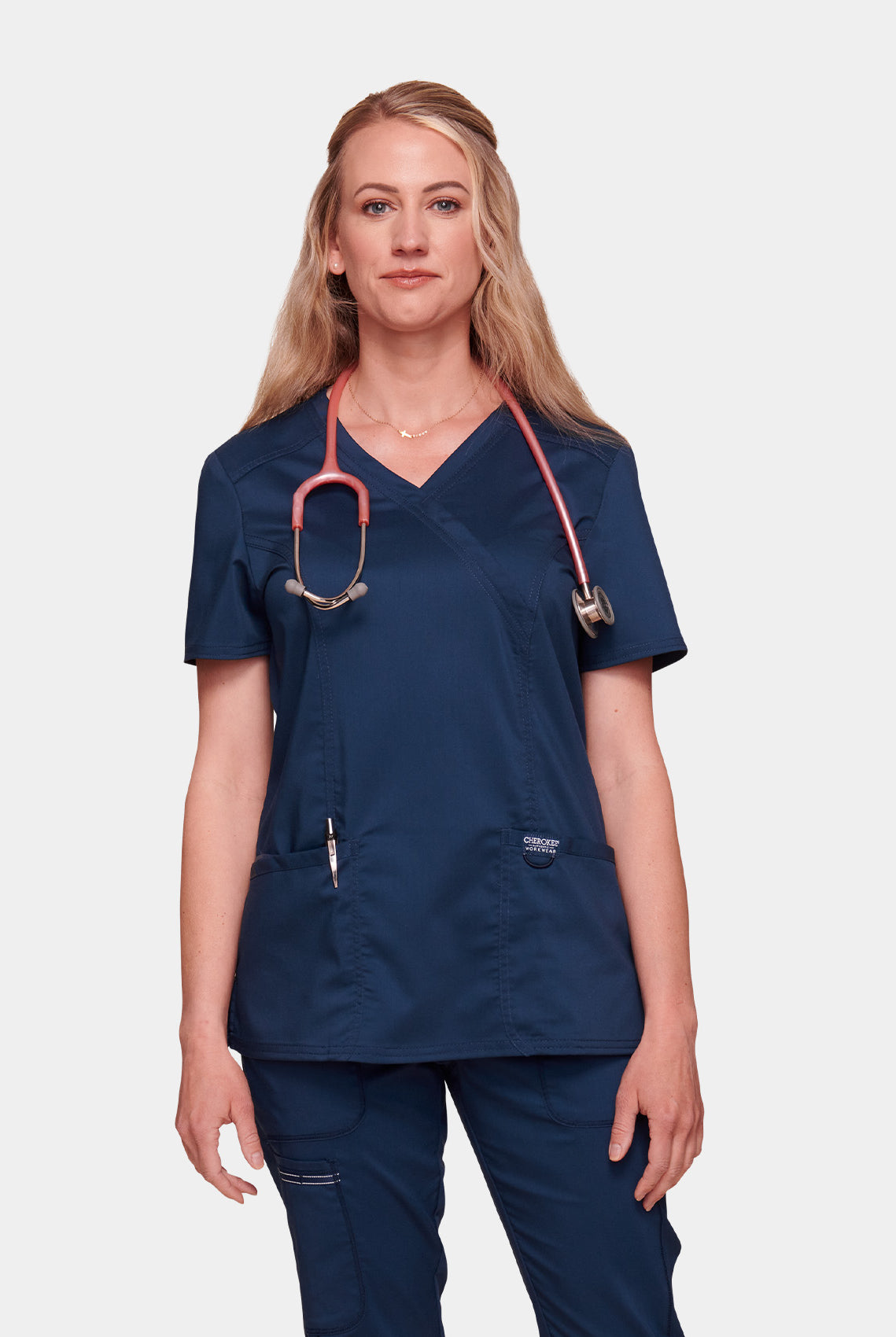 Cherokee WW Revolution Mock Wrap Scrub Top WWE610-Navy