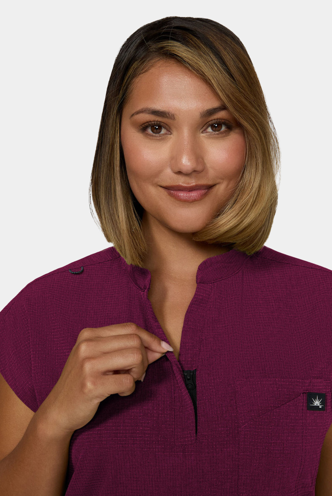 Koi Solis Catrin scrub top wine up close