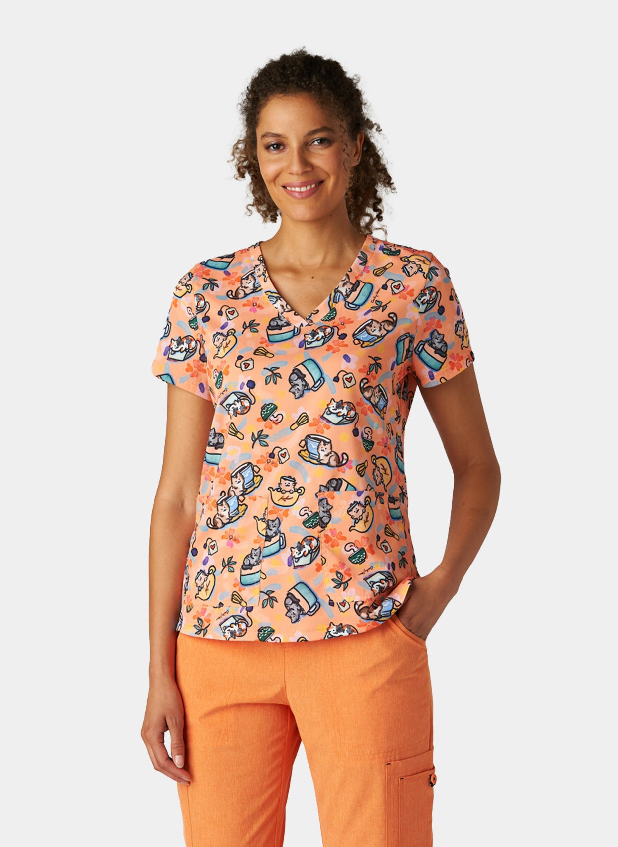 Koi Basics Leslie Scrub Top Kittens And Tea Front