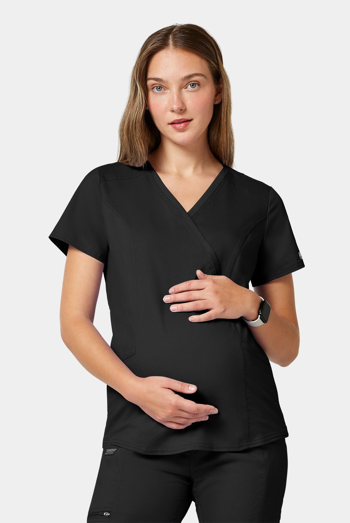 Cherokee WW Revolution Maternity Mock Wrap Scrub Top WWE688-Black Front facing image