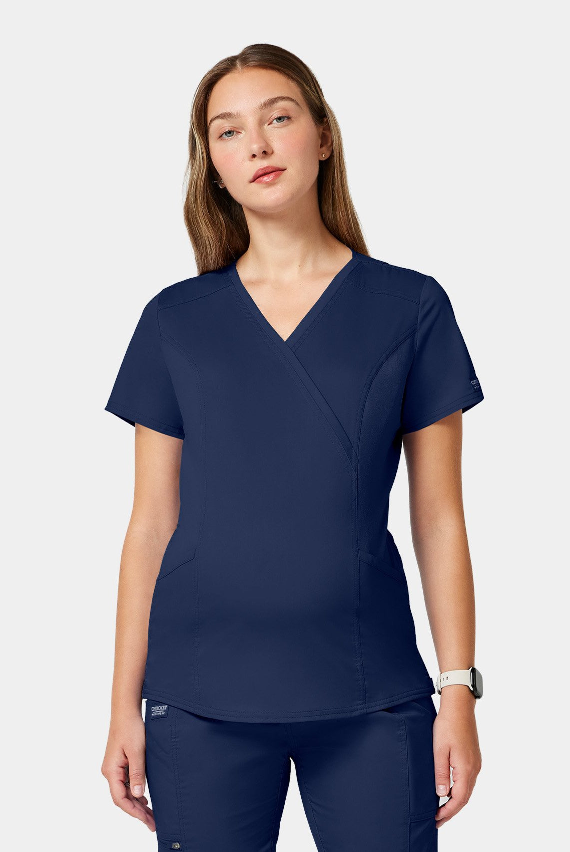 Cherokee WW Revolution Maternity Mock Wrap Scrub Top WWE688-Navy - Front Facing