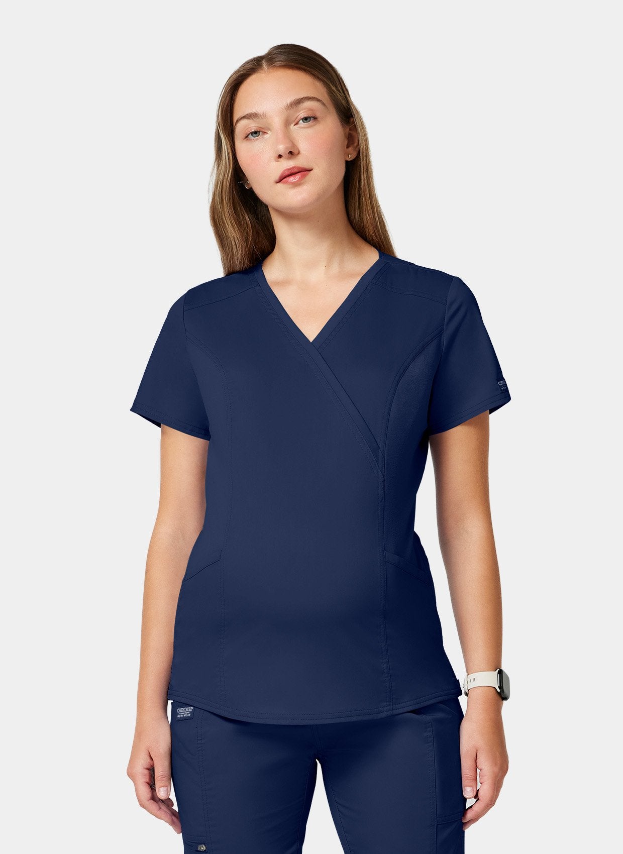 Cherokee WW Revolution Maternity Mock Wrap Scrub Top WWE688-Navy - Front Facing
