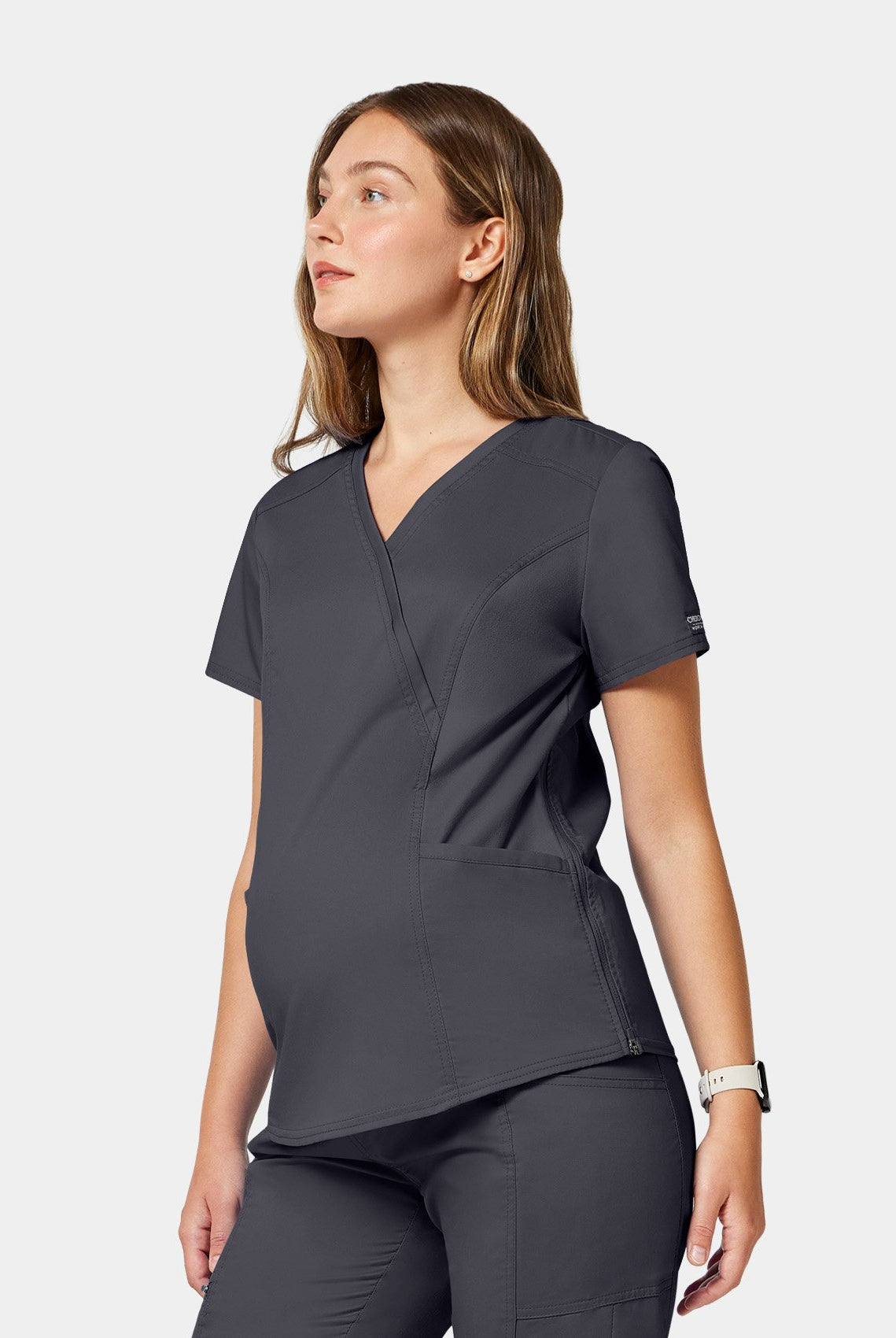 Cherokee WWE688 Maternity Scrub Top - Pewter - Side facing
