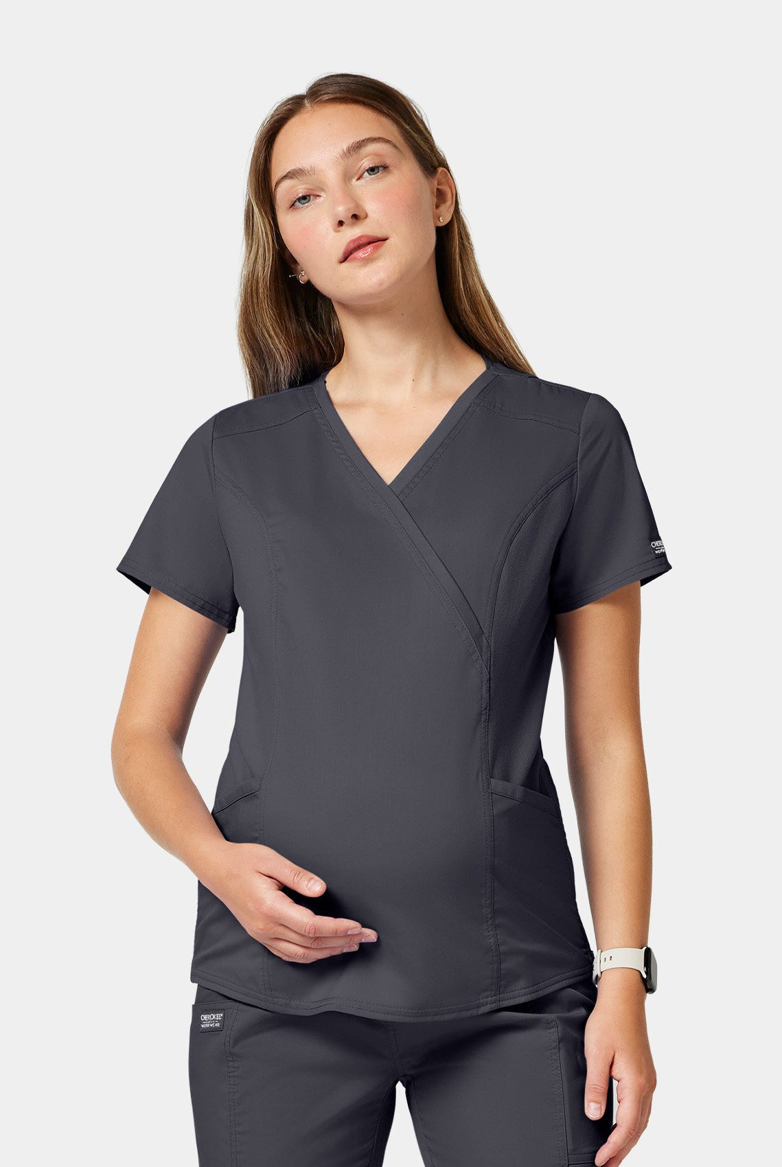 Cherokee WWE688 Maternity Scrub Top - Pewter - Front facing