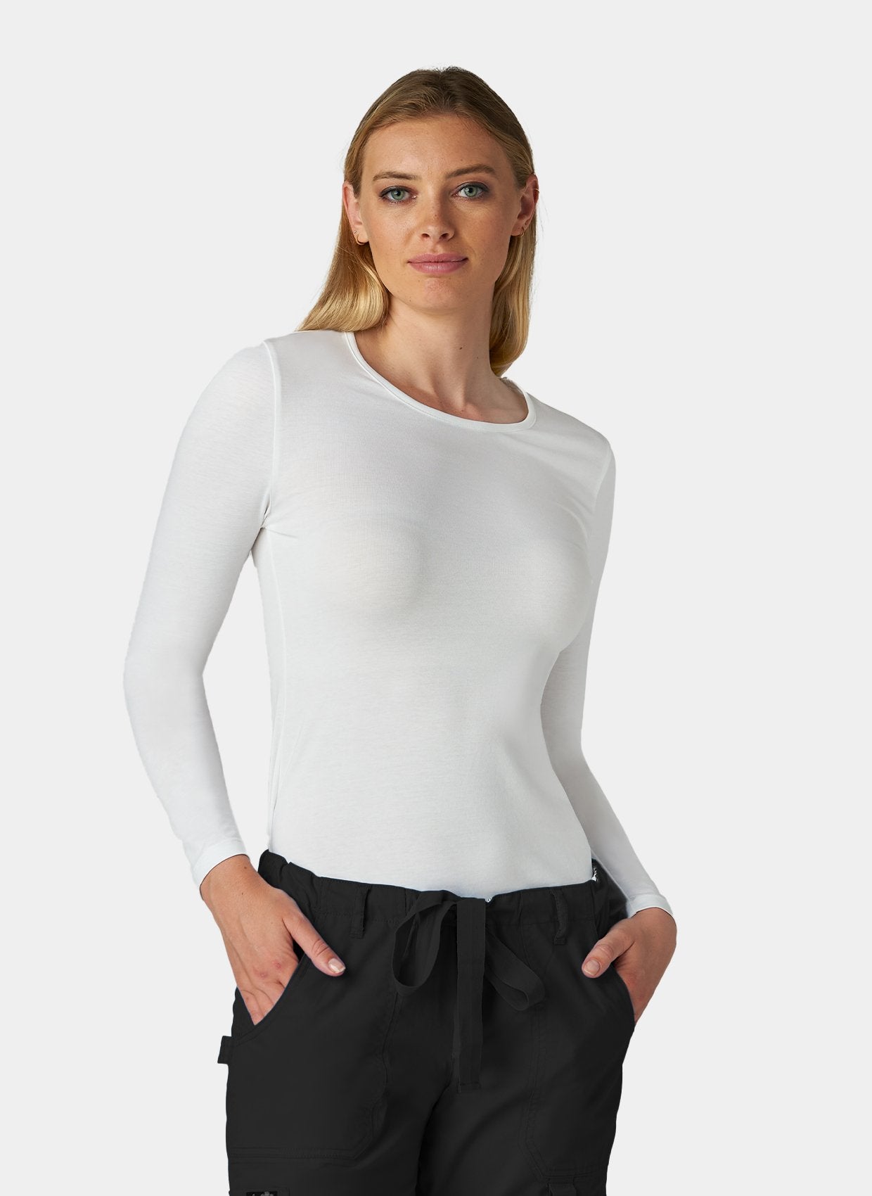 womens koi essentials long sleeve underscrub tender tee white