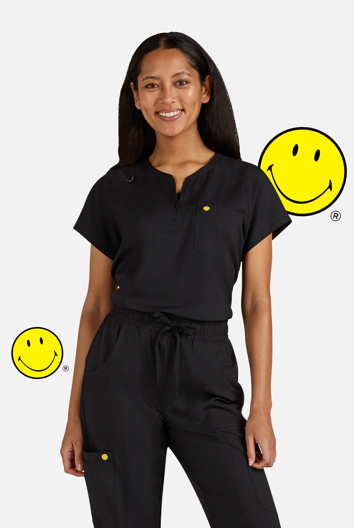 Koi Smiley World Ecstatic Scrub Top - Black