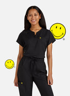 Koi Smiley World Ecstatic Scrub Top - Black