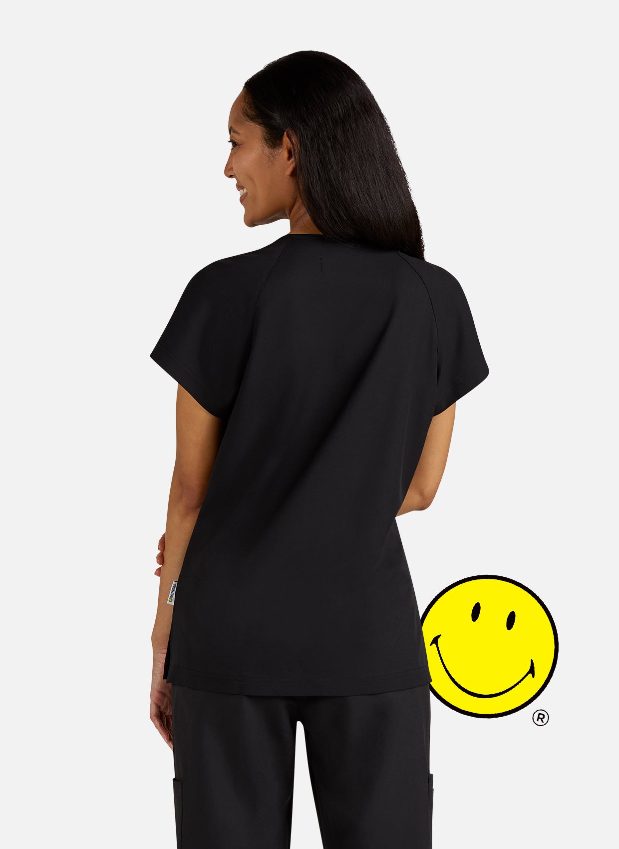 Koi Smiley World Ecstatic Scrub Top - Black