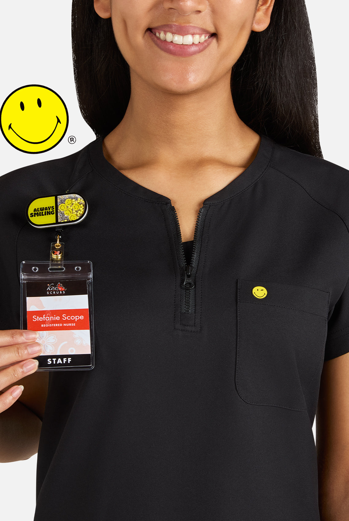 Koi Smiley World Ecstatic Scrub Top - Black