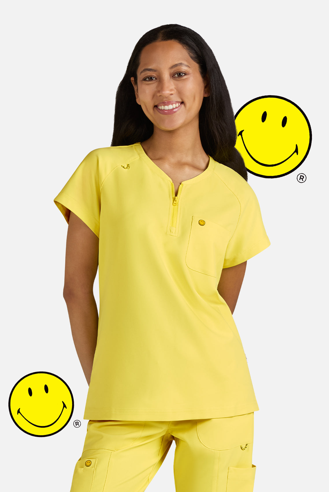 Koi Smiley World Ecstatic Scrub Top - Loving Yellow