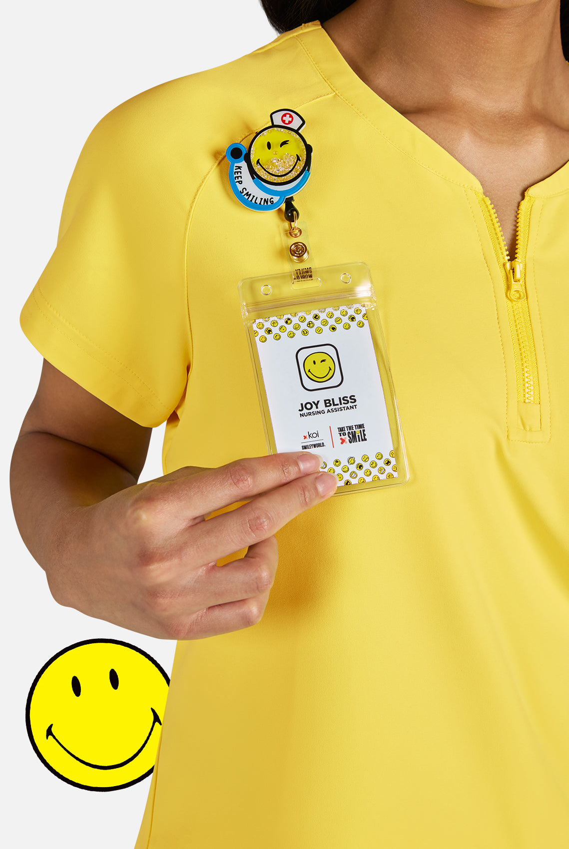 Koi Smiley World Ecstatic Scrub Top - Loving Yellow