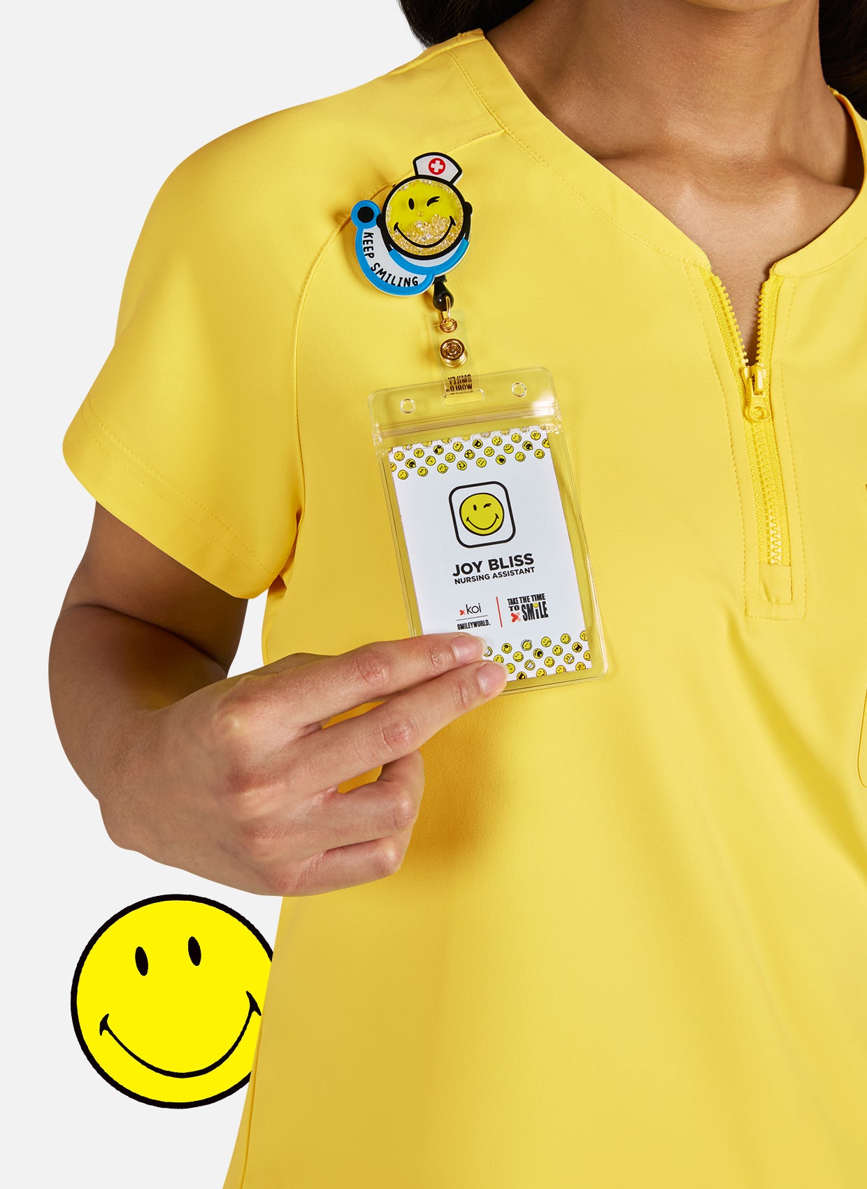 Koi Smiley World Ecstatic Scrub Top - Loving Yellow