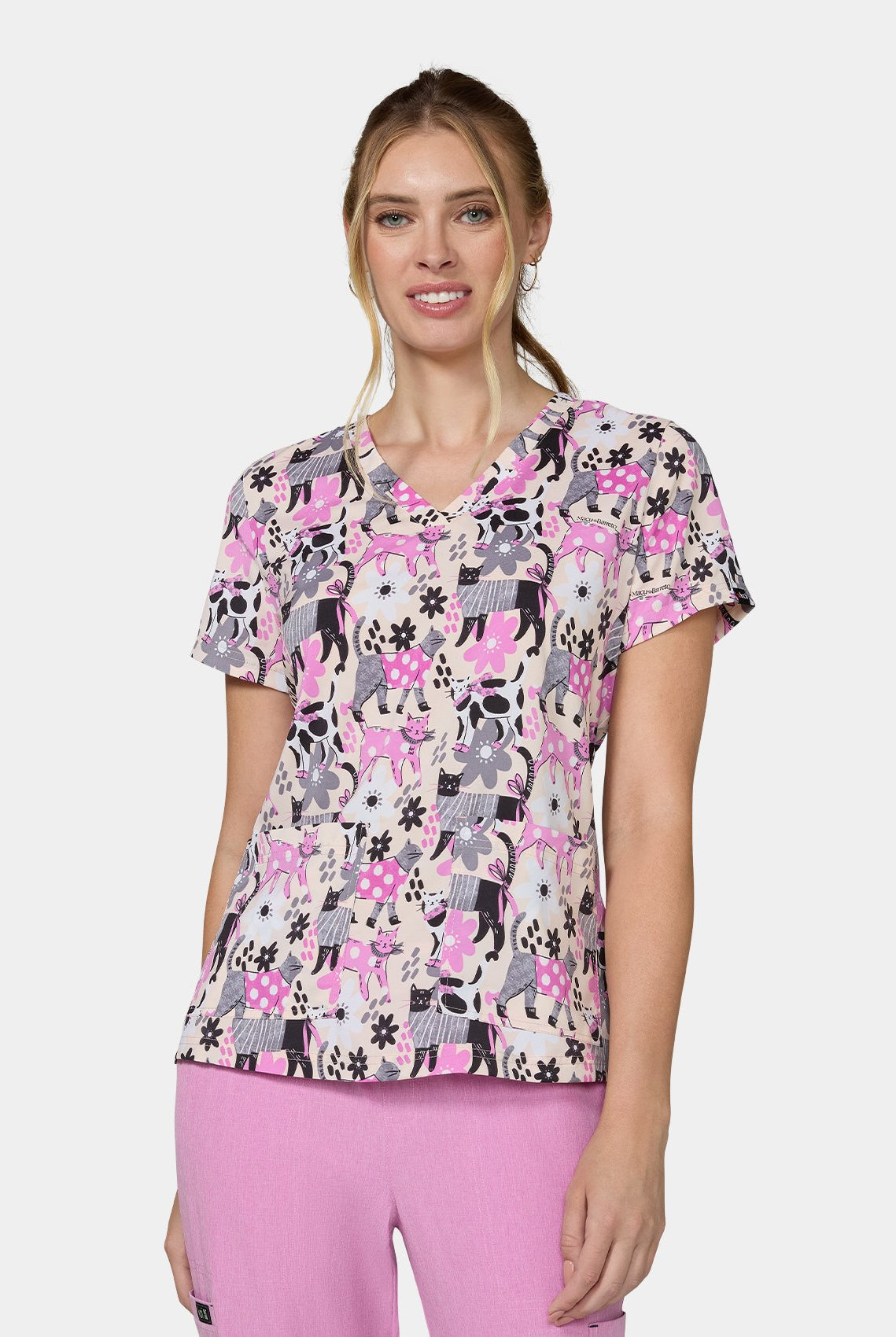 Women's Koi Basics Leslie Scrub Top in Everyday Floral Cats