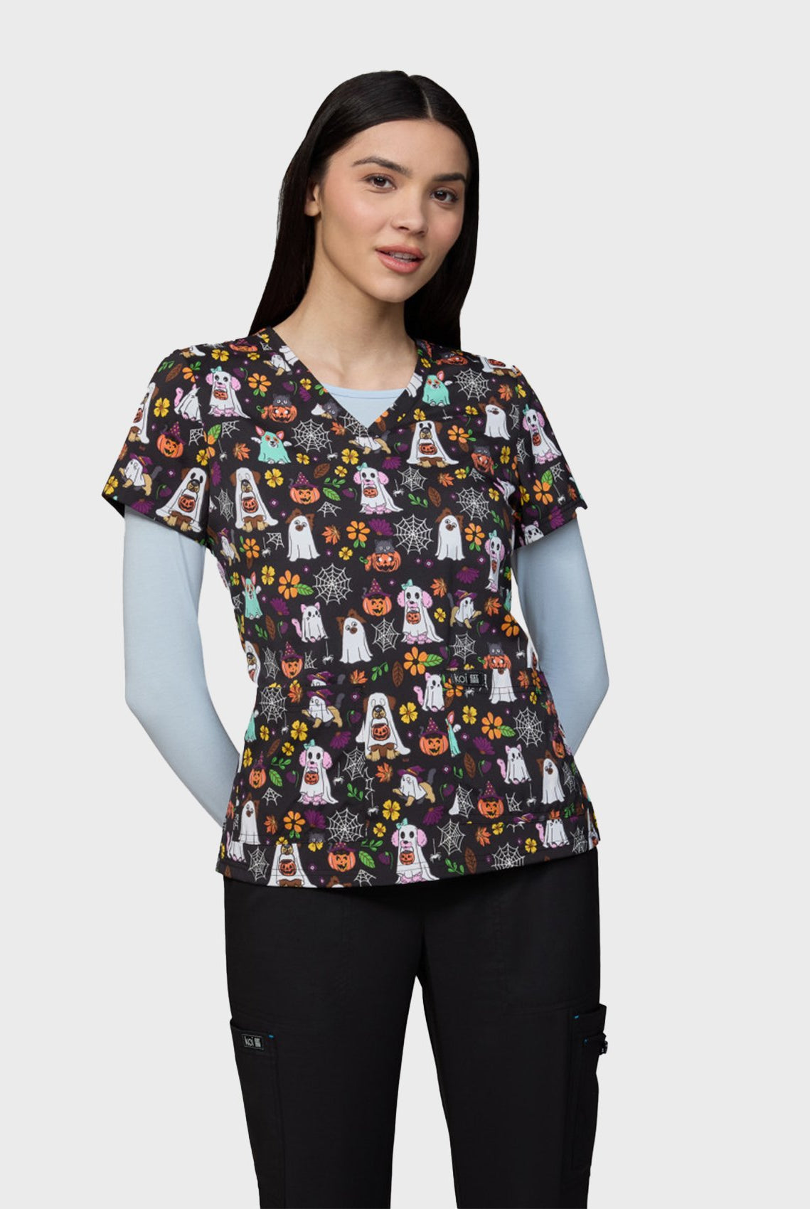 womens-scrub-top-koi-basics-leslie-ghostly-critters