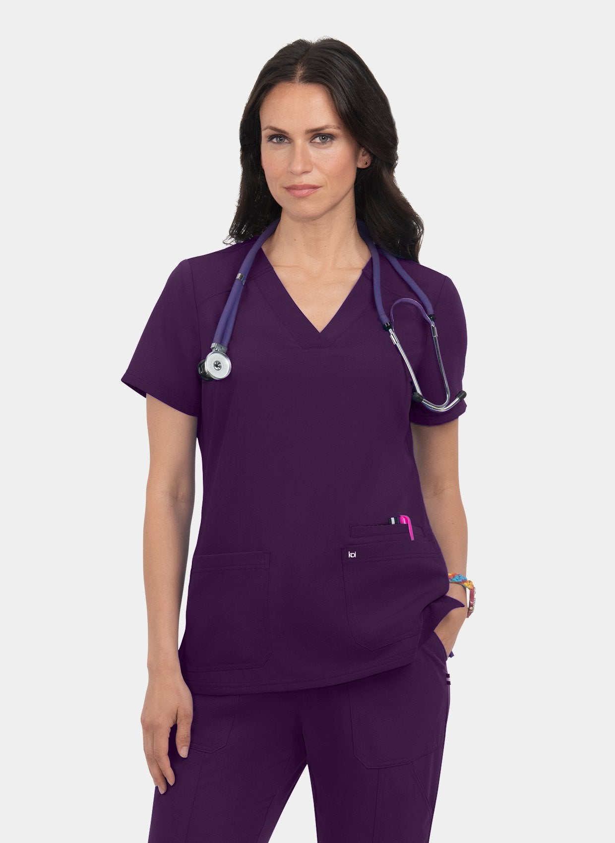 Koi Next Gen Hustle And Heart Scrub Top Eggplant front
