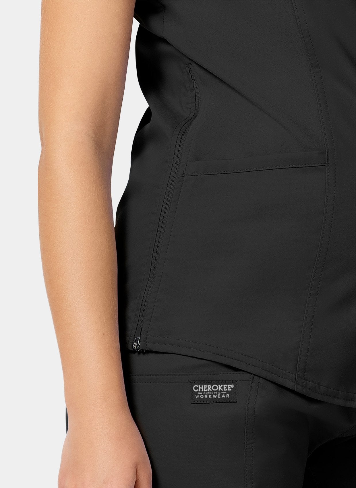 Cherokee WW Revolution Maternity Mock Wrap Scrub Top WWE688-Black -Up close side