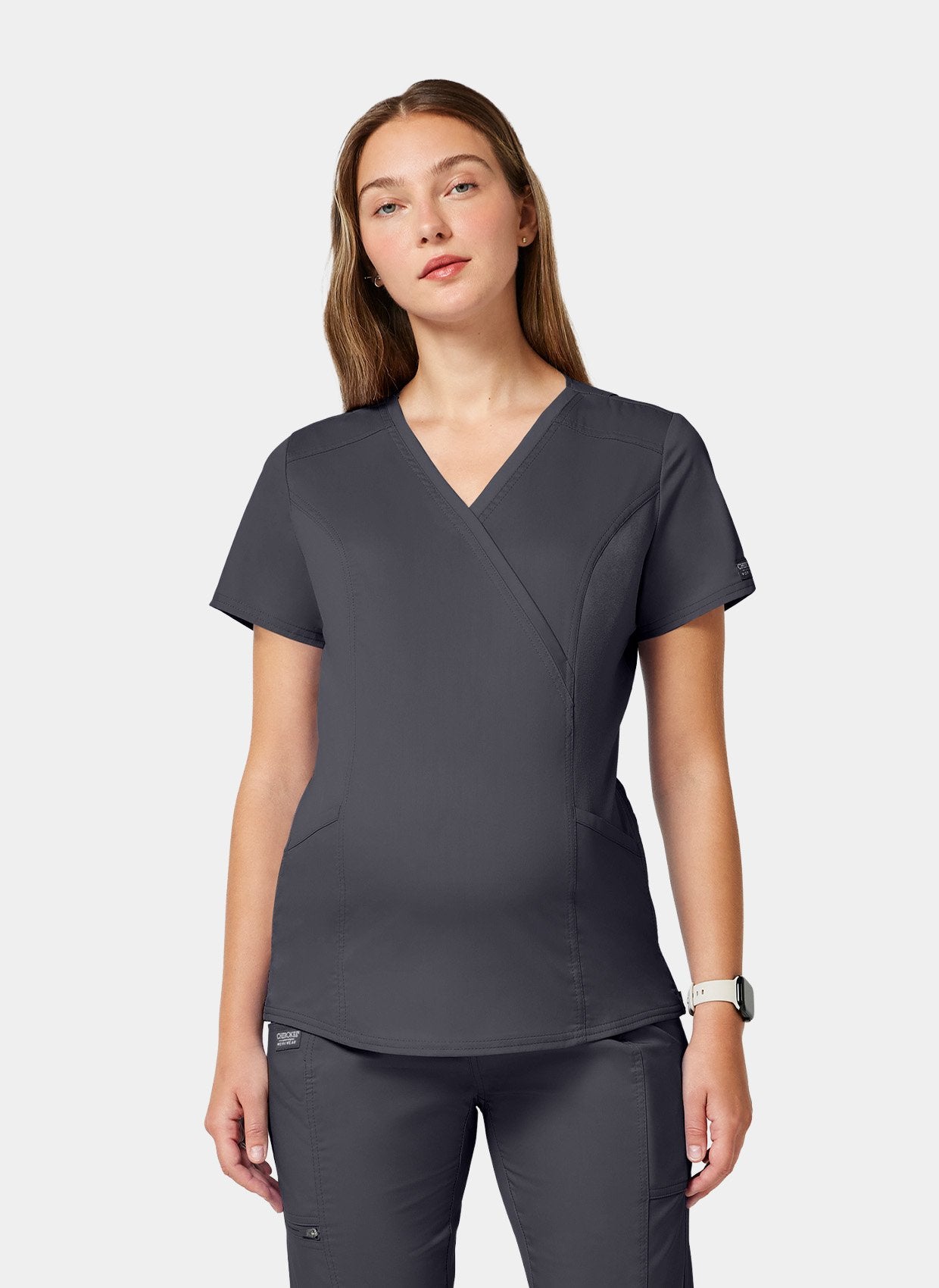 Cherokee WWE688 Maternity Scrub Top - Pewter - Front facing