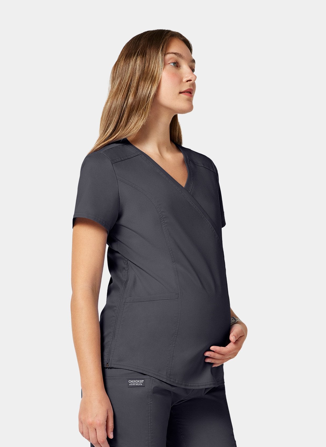 Cherokee WWE688 Maternity Scrub Top - Pewter - Side facing
