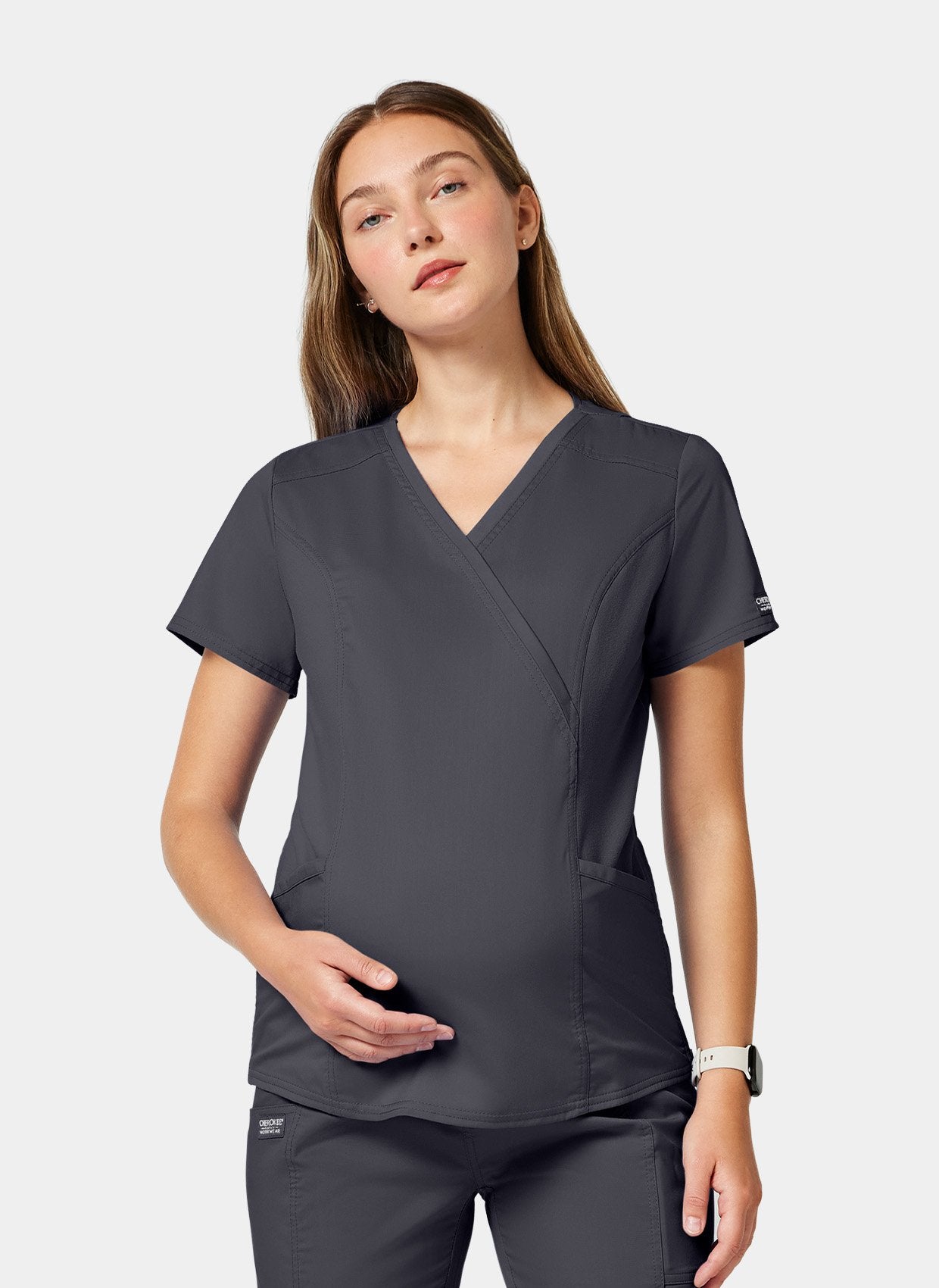 Cherokee WWE688 Maternity Scrub Top - Pewter - Front facing