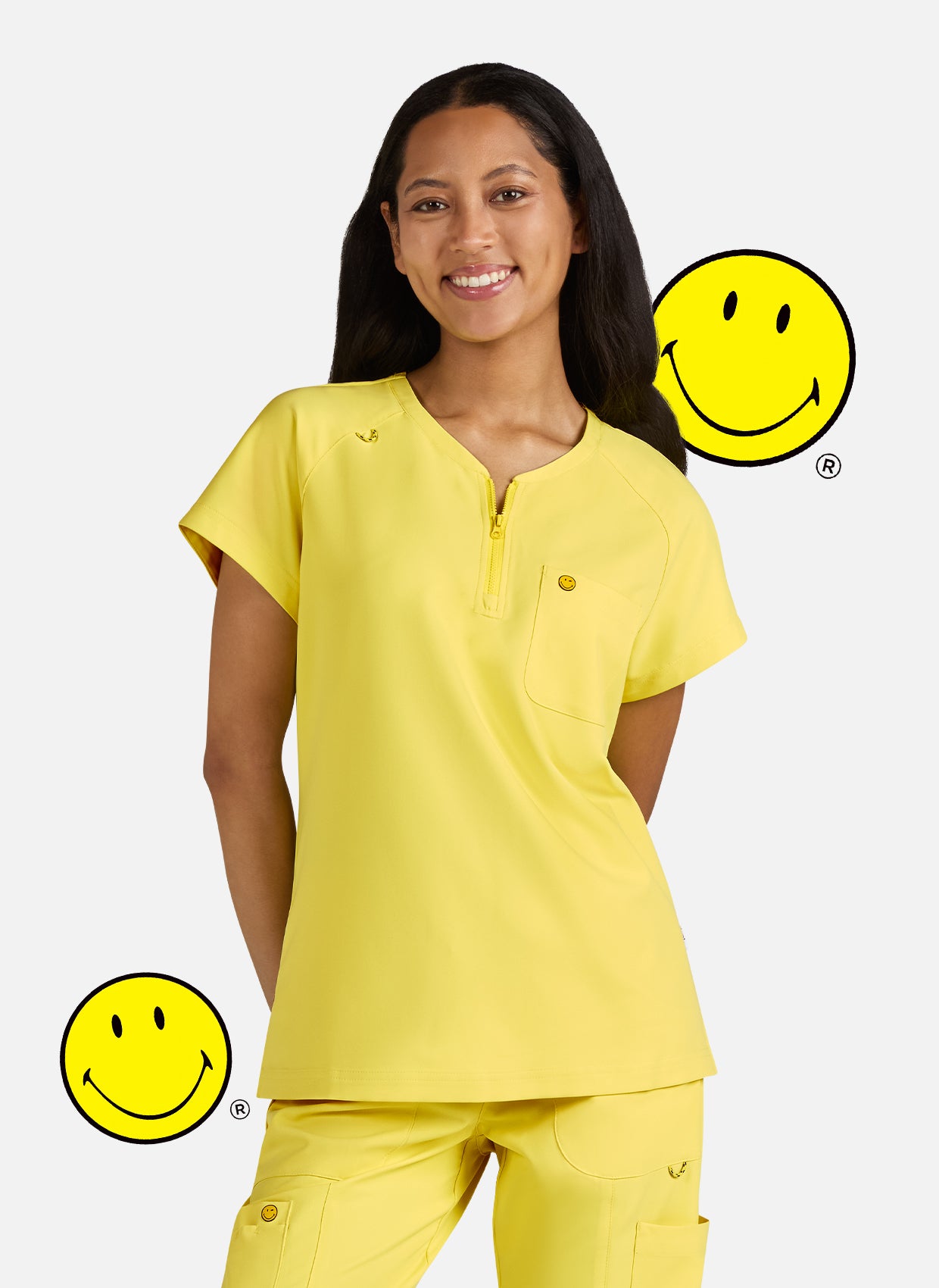 Koi Smiley World Ecstatic Scrub Top - Loving Yellow
