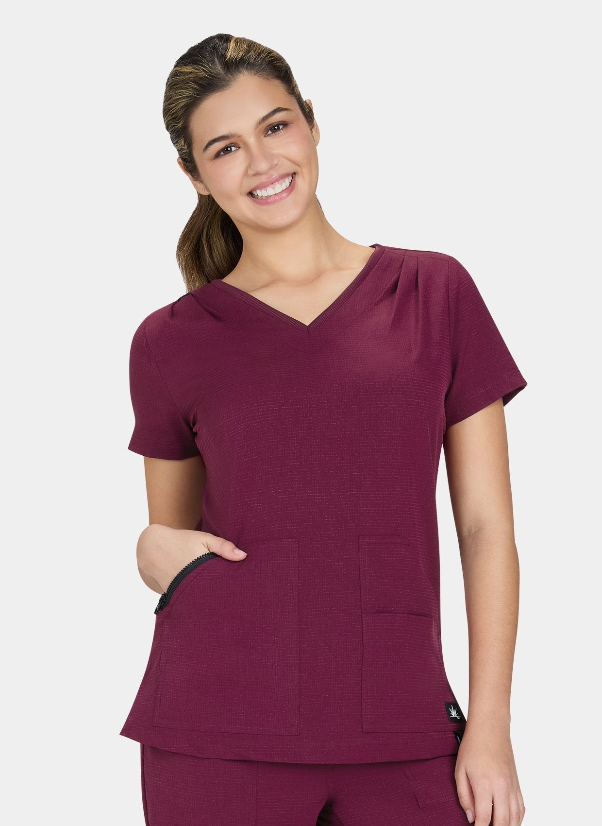 Koi Solis Sari scrub top wine front 